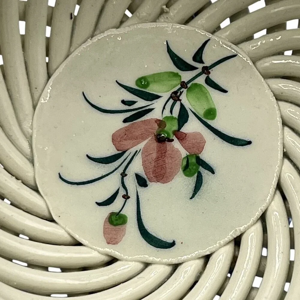 Vtg Hand Painted Spanish Porcelain Trinket Box Twig Style Basket Bloomcore Spain